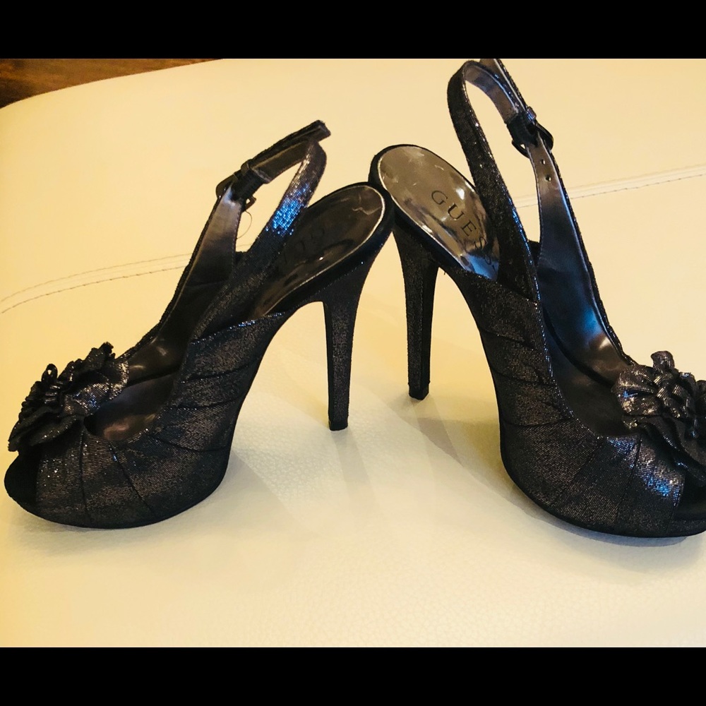 Guess Slingback Platform Pumps Shimmer Grey Sz 5.5